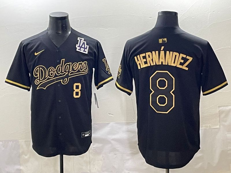 Men 2025 Los Angeles Dodgers 8 Hernandez Black Gold Five generations Nike MLB Jersey style 6